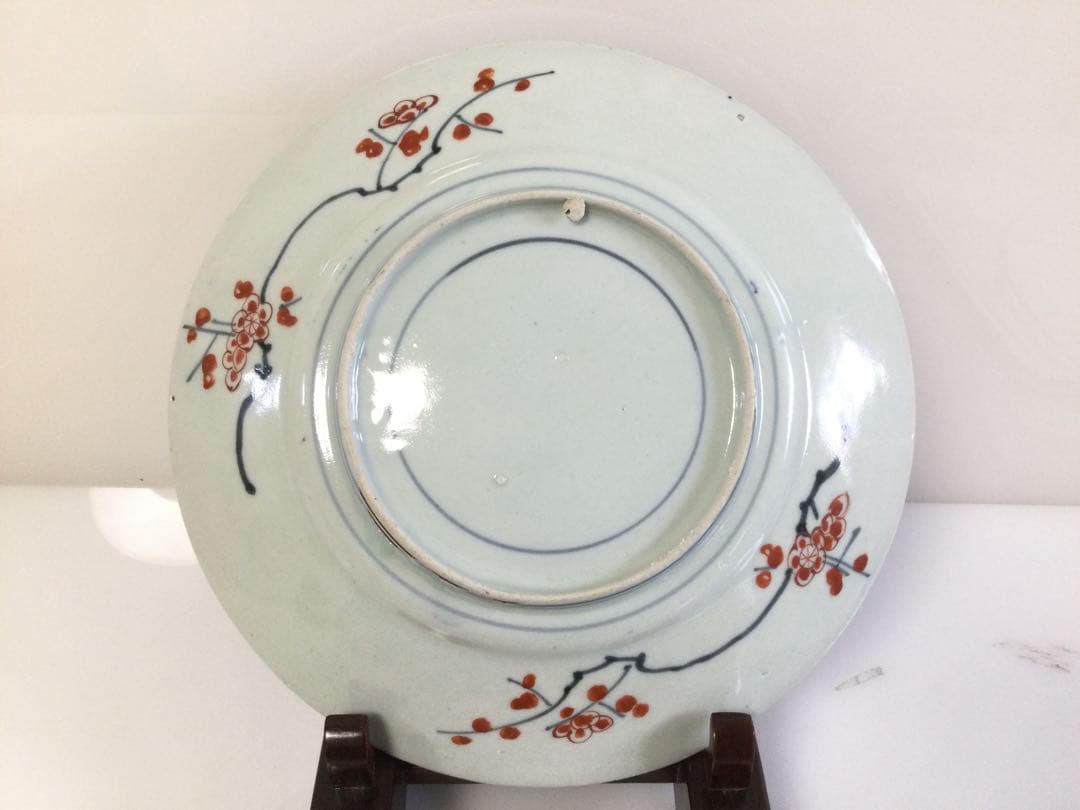 古伊万里焼 錦絵皿 時代物 江戸期 皿立て付 飾り皿 骨董 M