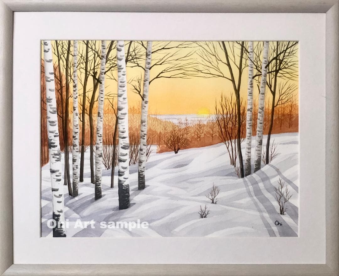 透明水彩画　原画　「雪原の朝焼け」額縁付　F6サイズ　風景画