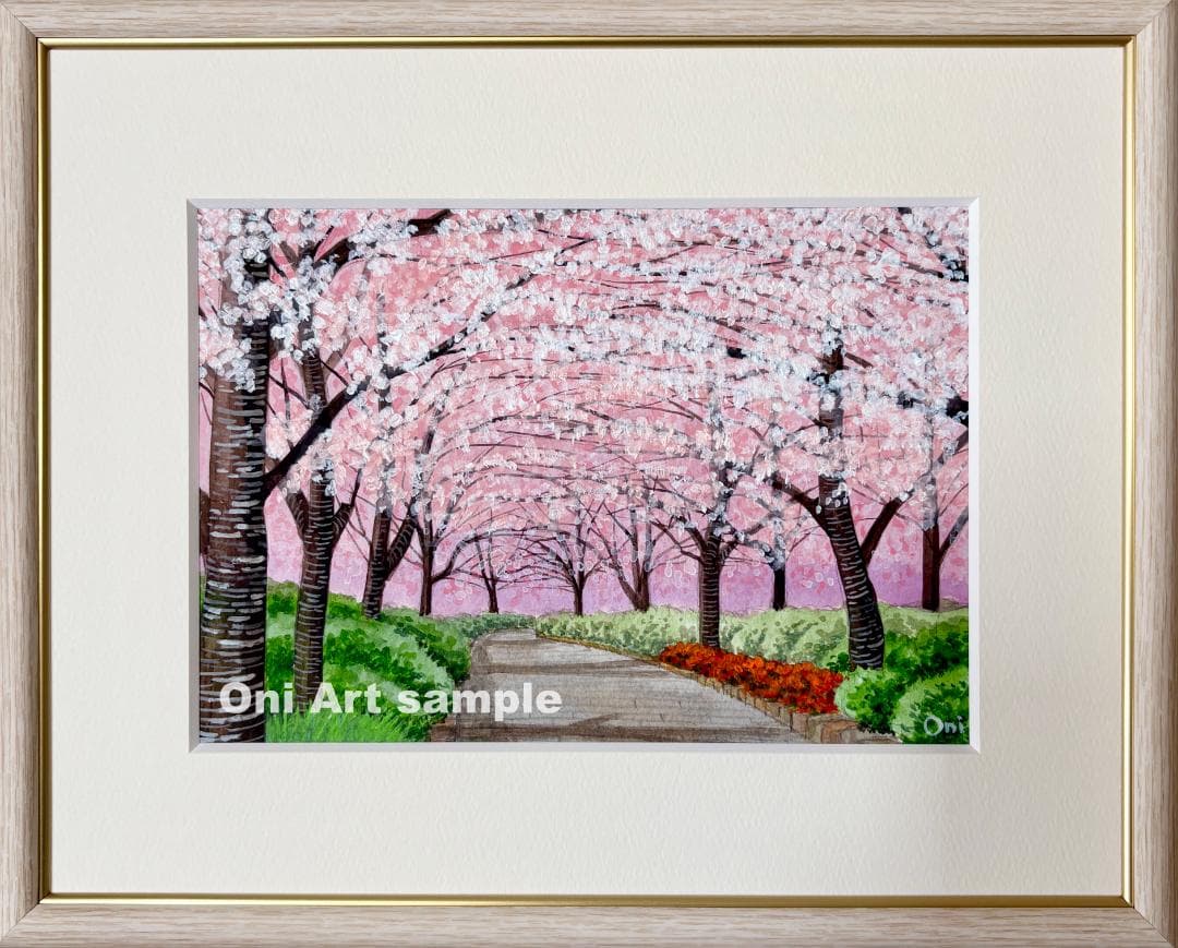 アクリル画　原画　「桜の小径02」額縁付　SMサイズ　風景画