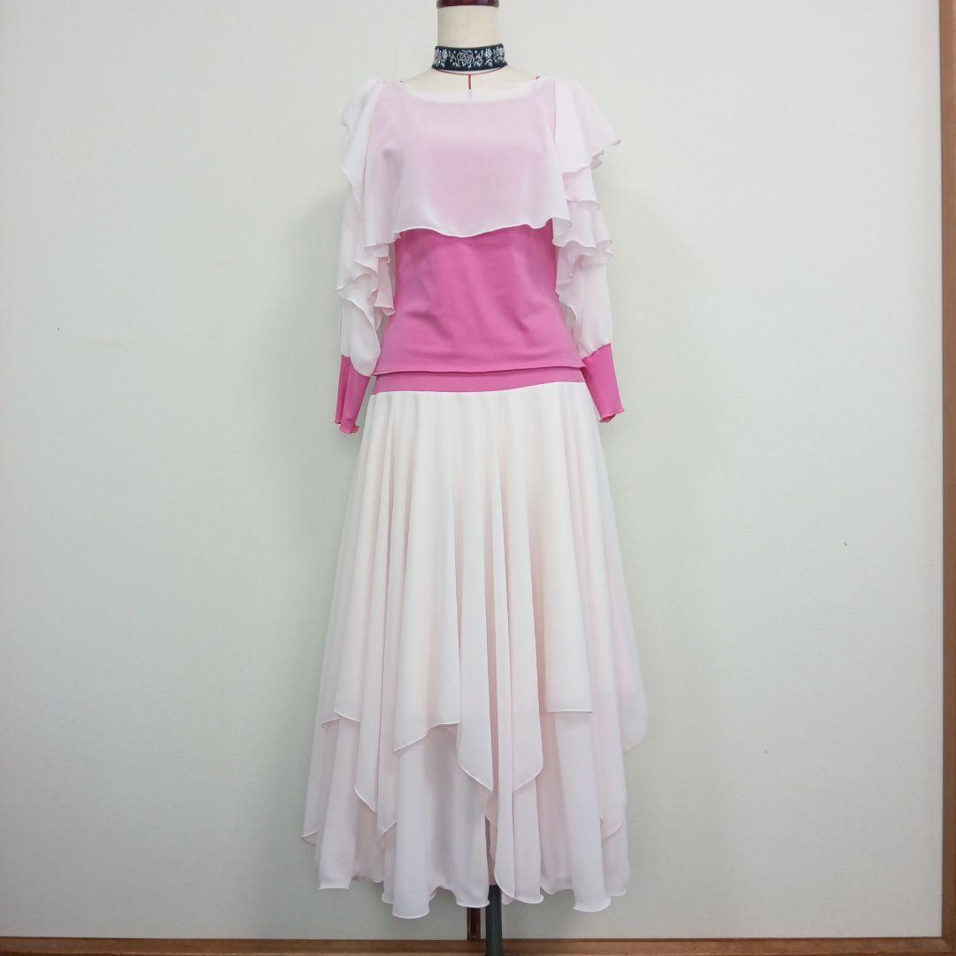 お値下げ　ハンドメイド　社交ダンス　ベビーピンクシフォン　セットアップ　ドレス