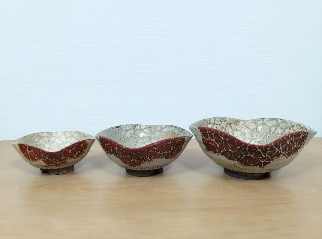 京焼　清水七兵衛作　三ツ組　向付け　清水七兵衛七角印　三ツ組鉢