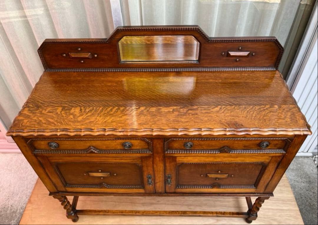 イギリス　アンティーク　キャビネット　ミラーバックサイドボード　ヴィンテージ