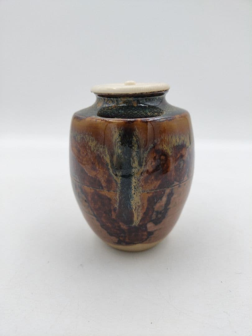 c317【新品・未使用】茶入 高取 肩付 亀井楽山 牡丹唐草 木箱 茶道具 肩衛