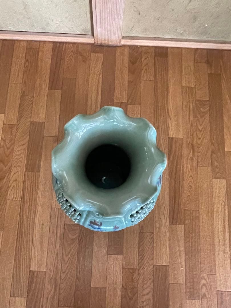 【じいちゃんのコレクション】青緑色 陶器 花瓶 象の持ち手付き