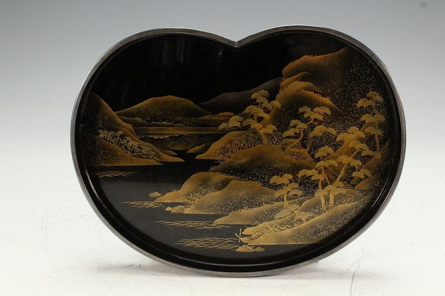 古美術 山水平蒔絵 銀縁 小盆(K-BB506)