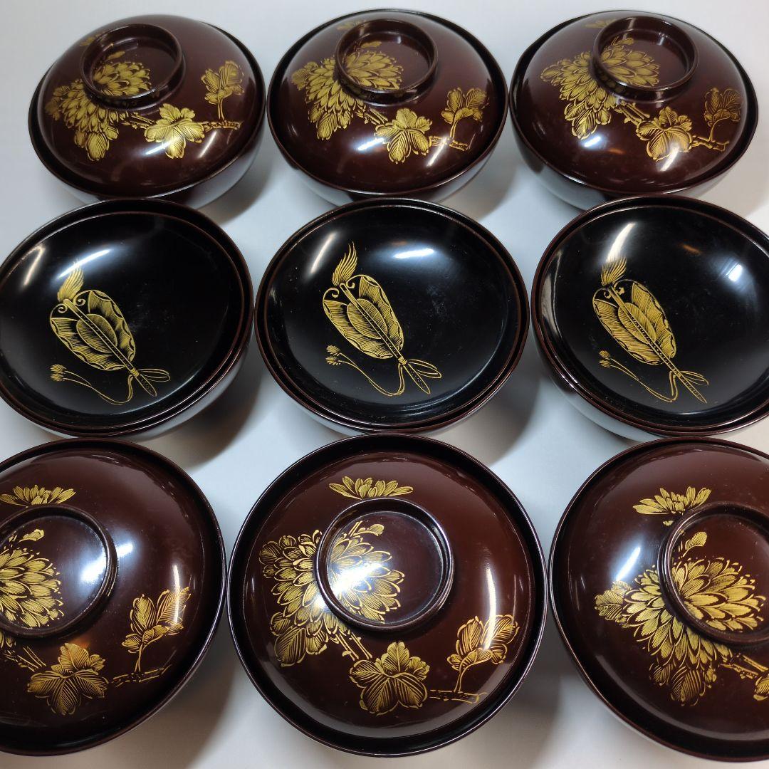 輪島塗　沈金　碗　9客セット　骨董　アンティーク　茶碗