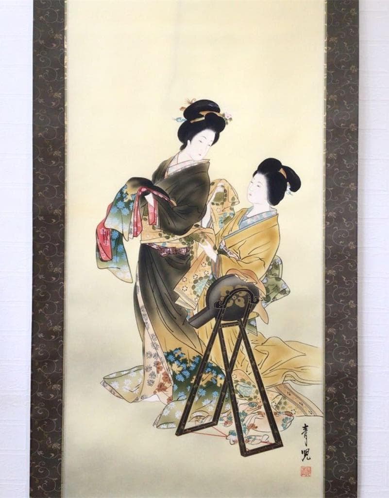 掛軸 田口青児『よそおい 美人図』日本画 絹本 肉筆 共箱付 掛け軸 k471