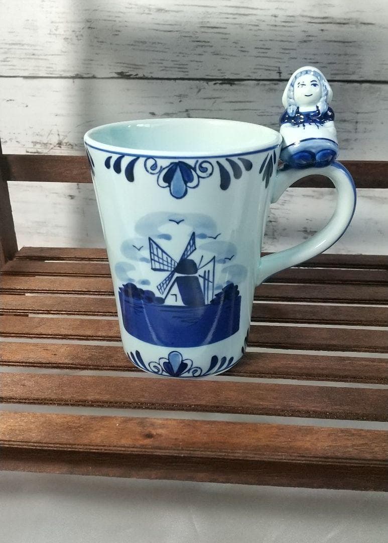【ビンテージ レア】ブルー デルフト ブロー ハッピーレディハンドル マグカップ