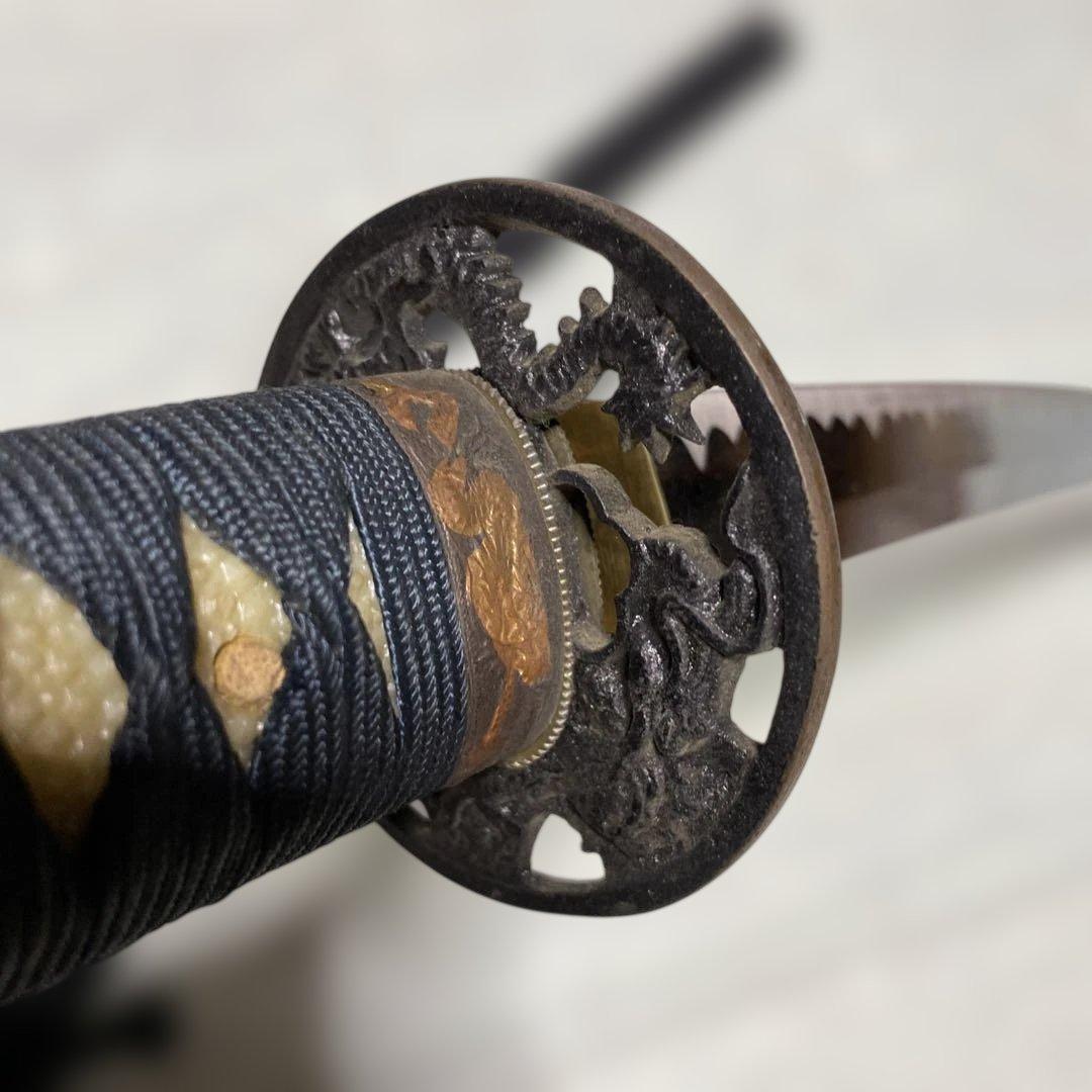 格安模造刀大小２本 濃緑柄 龍彫透し丸鍔 黒梨地鞘