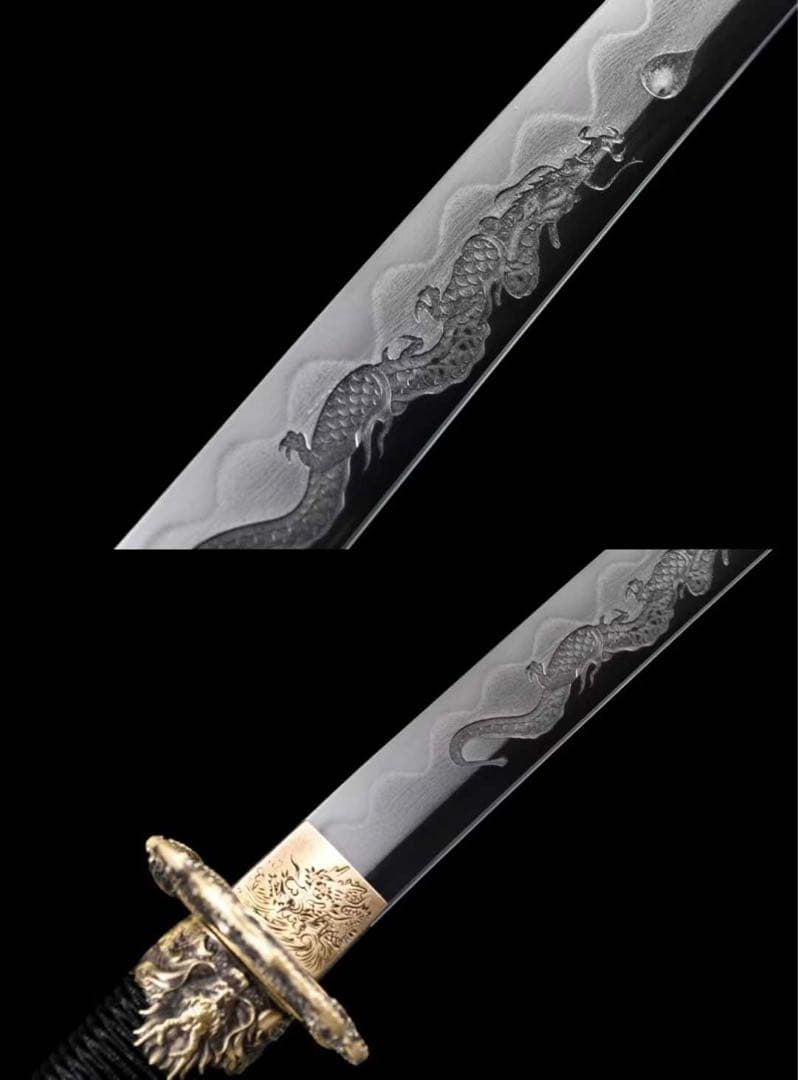 古龍野太刀 高級本格居合刀 三色研 龍神図 彫物 大漆鞘 稽古