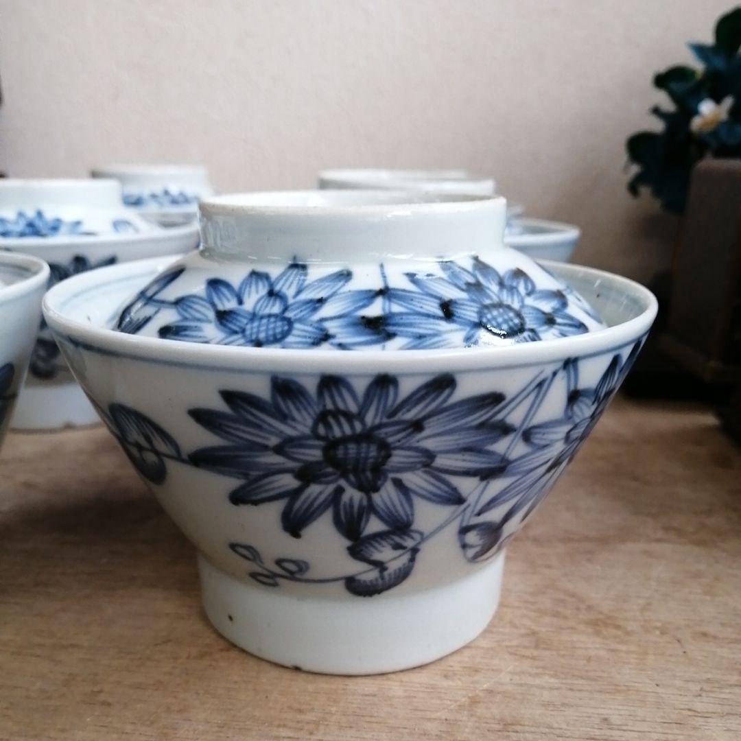 骨董　古伊万里　蓋茶碗　染め付け　茶碗　アンティーク　6客