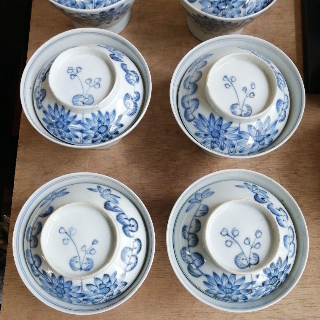 骨董　古伊万里　蓋茶碗　染め付け　茶碗　アンティーク　6客