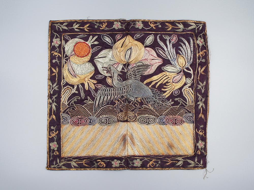 【繍】　★ 官品 白鷴紋五品文官補子 ★　清朝期　石榴 桃果 刺繍文様　明清織繍