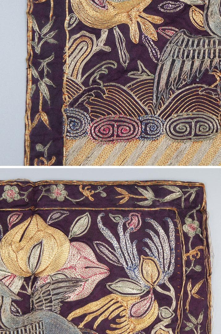 【繍】　★ 官品 白鷴紋五品文官補子 ★　清朝期　石榴 桃果 刺繍文様　明清織繍