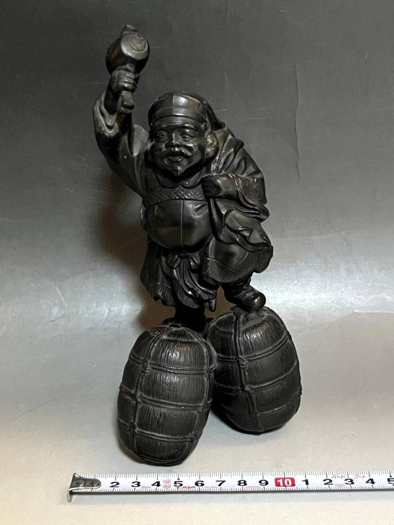 置物■布袋さん 銅製 オブジェ 七福神 米俵上布袋様 1.12kg時代物 骨董■