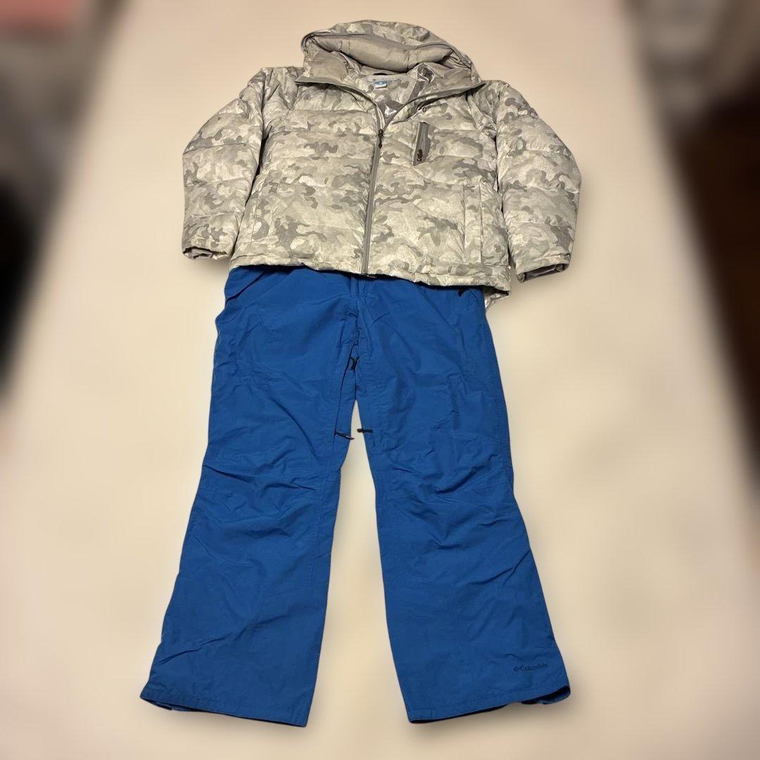 コロンビアの防水フード付き極暖のスキーウェア グレー(ダウン)と青のパンツ