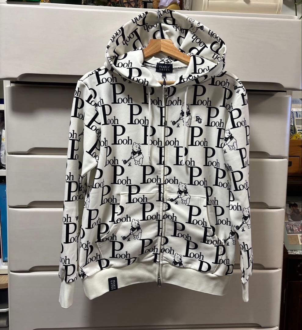 パーリーゲイツPGプーさんロゴプリント裏起毛パーカーホワイトサイズ1