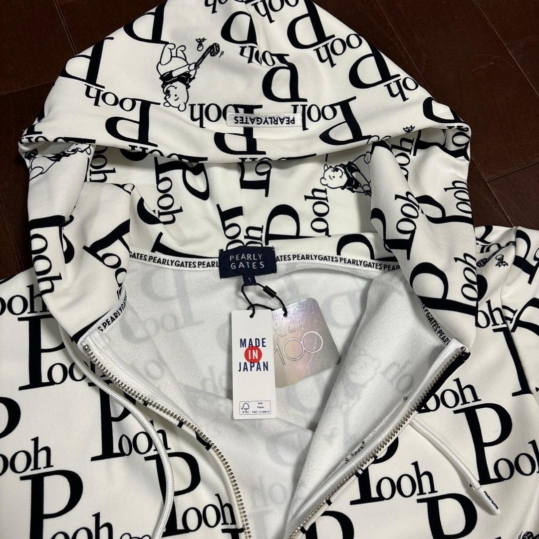 パーリーゲイツPGプーさんロゴプリント裏起毛パーカーホワイトサイズ1