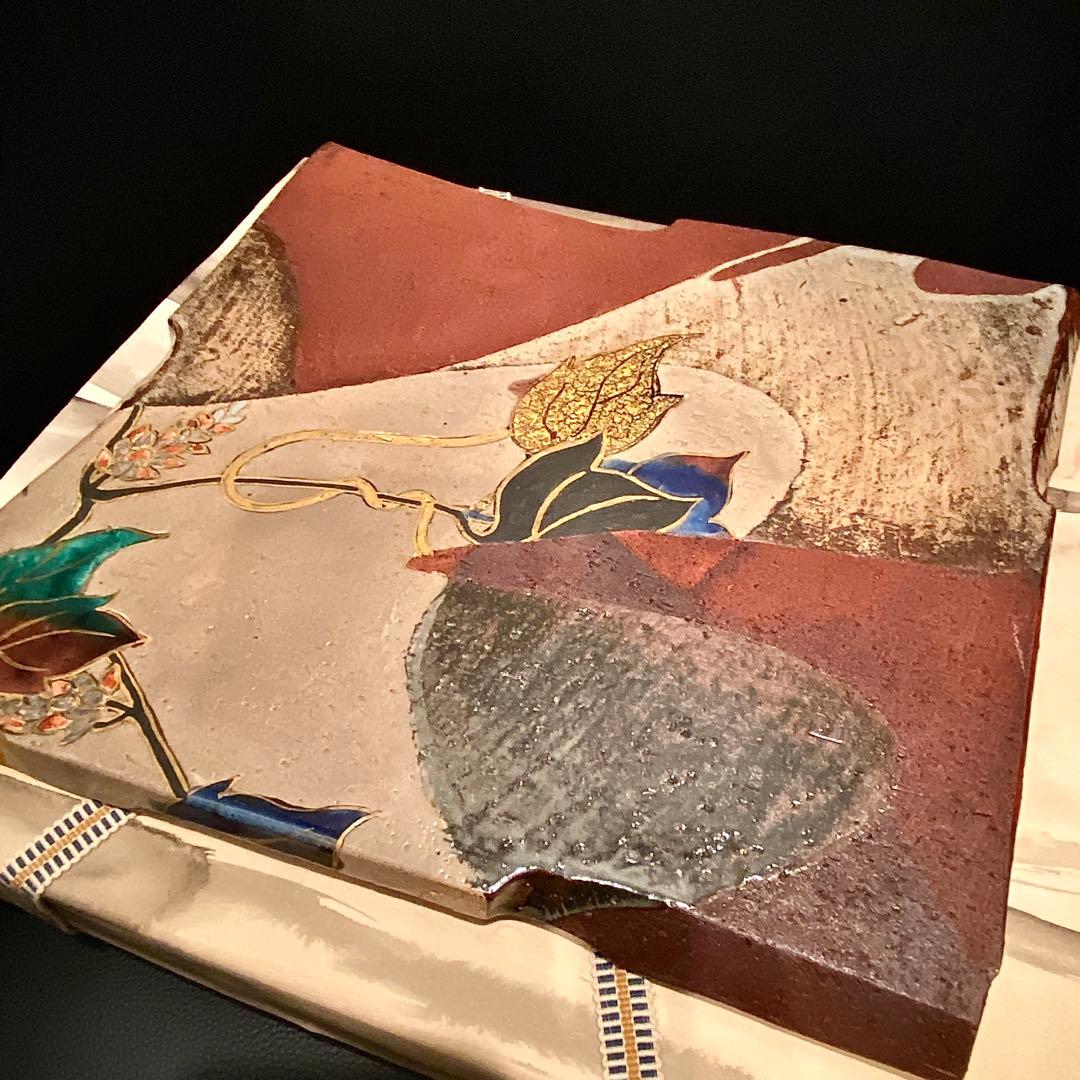 梅山窯 中村卓夫 象嵌色絵 角皿 盛皿 作家もの 共箱 共布 九谷焼 陶器 陶板