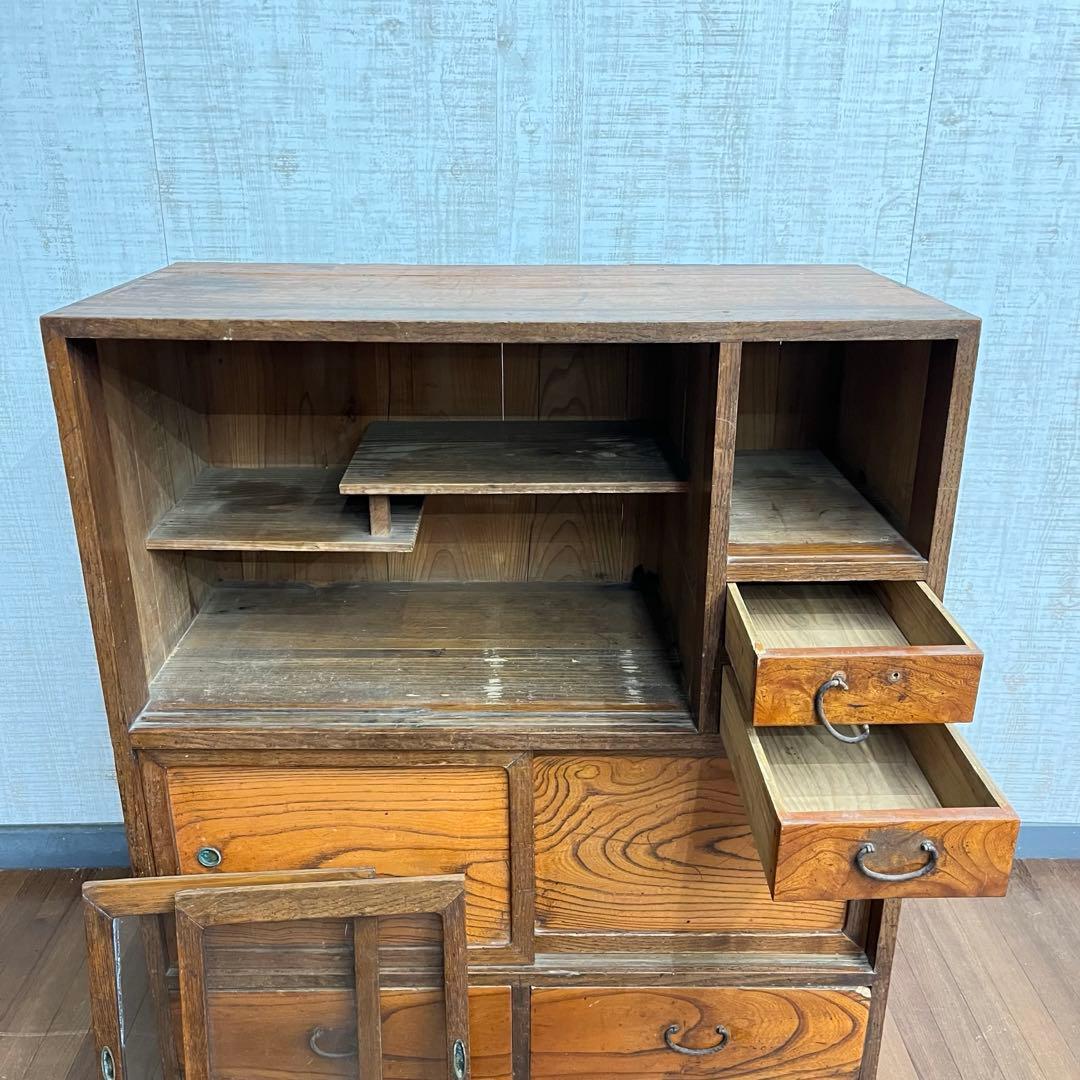 【アンティーク】昭和レトロ 木製 水屋箪笥 小箪笥 引き戸 古民家 古家具