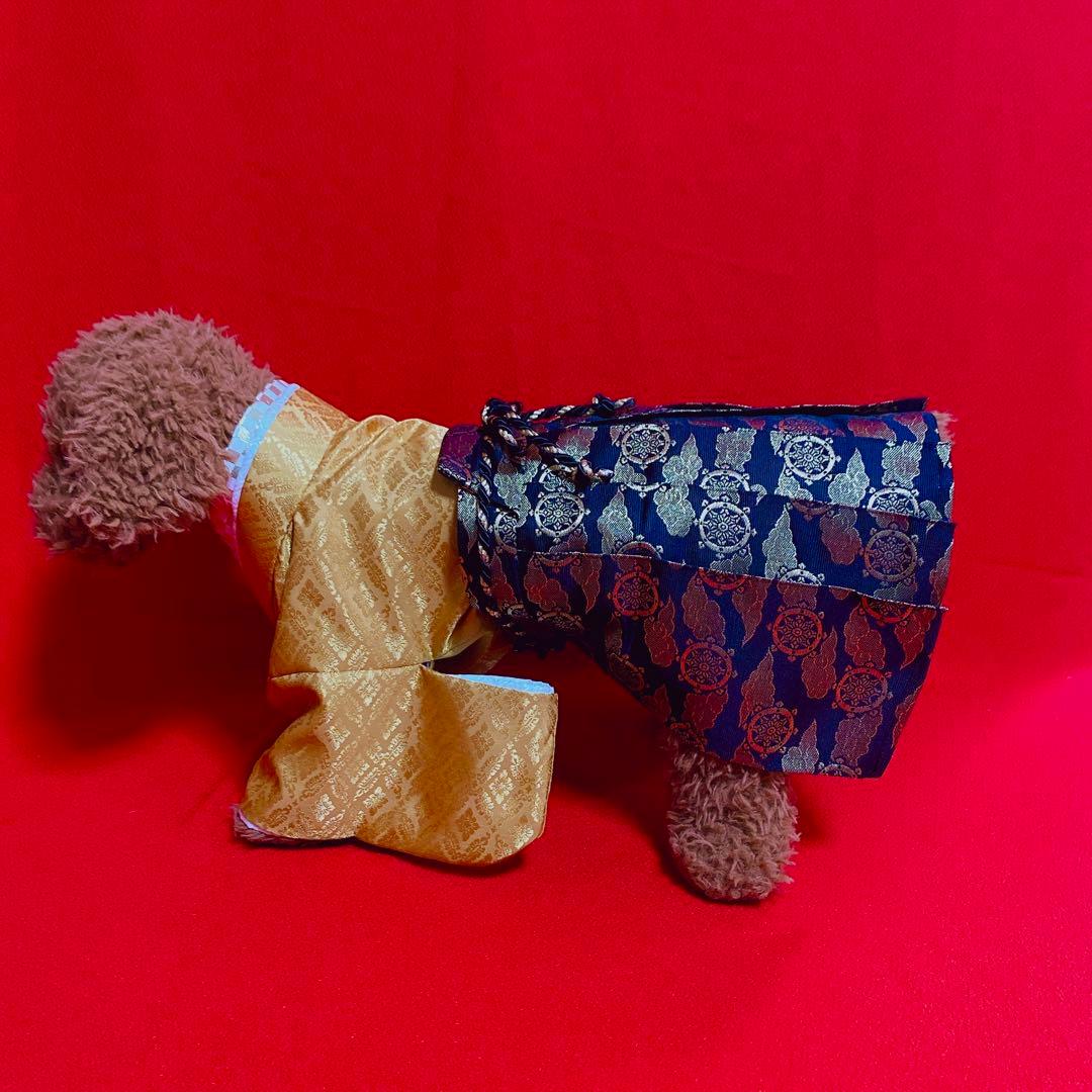 犬の袴✨本格着物&袴セット 西陣織金襴 和宝 金茶×黒 M 犬服