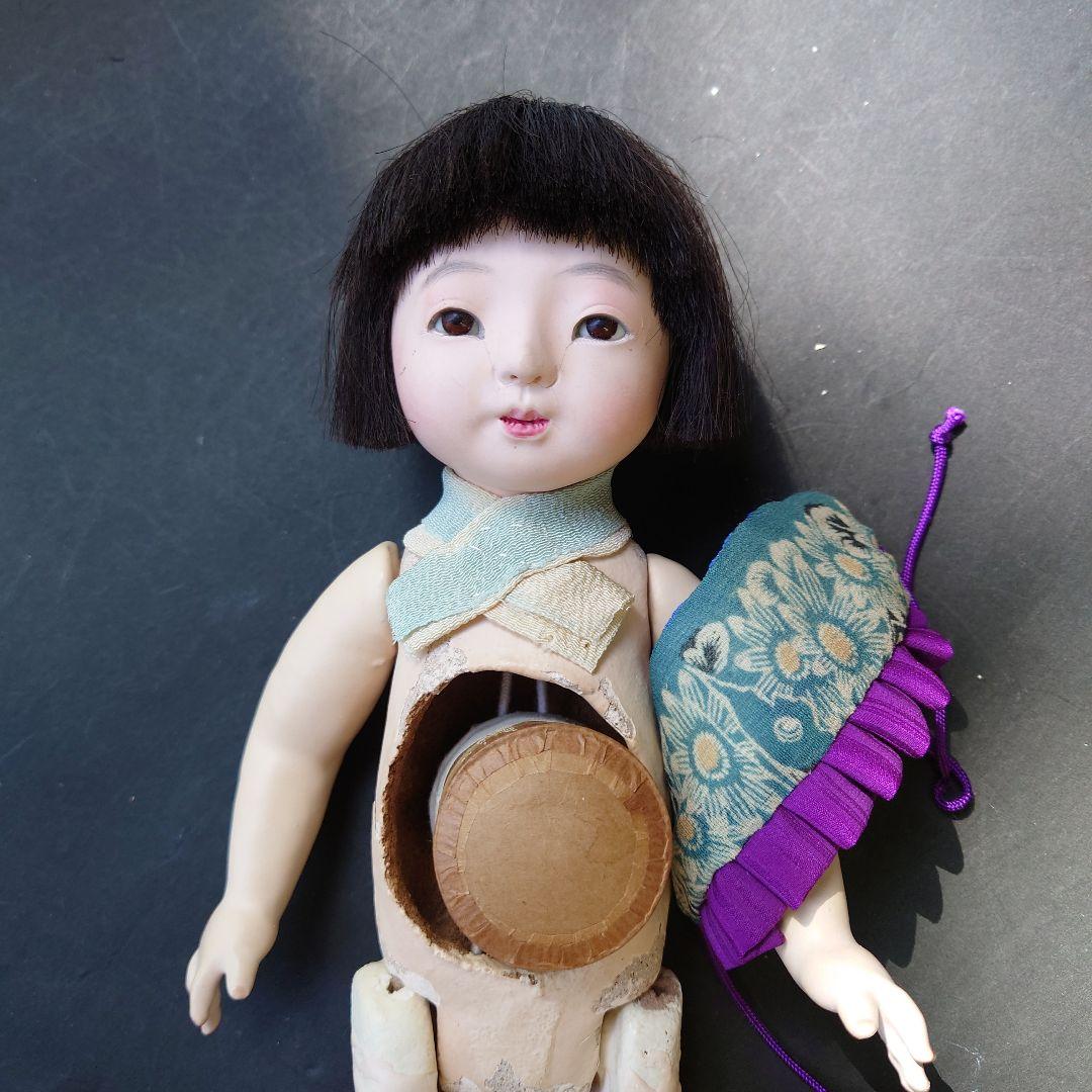 樫村瑞観　自由人形　市松人形　32cmくらい　着物+被布+お帽子