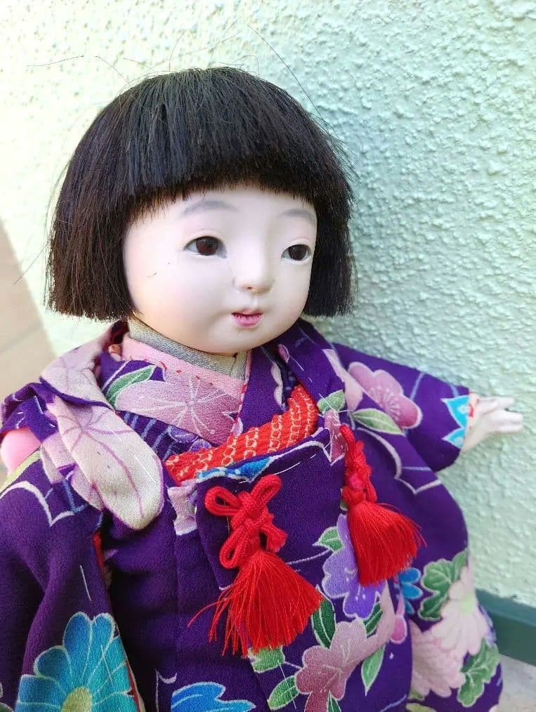 樫村瑞観　自由人形　市松人形　32cmくらい　着物+被布+お帽子