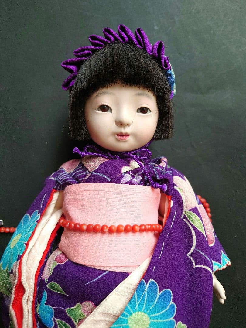 樫村瑞観　自由人形　市松人形　32cmくらい　着物+被布+お帽子