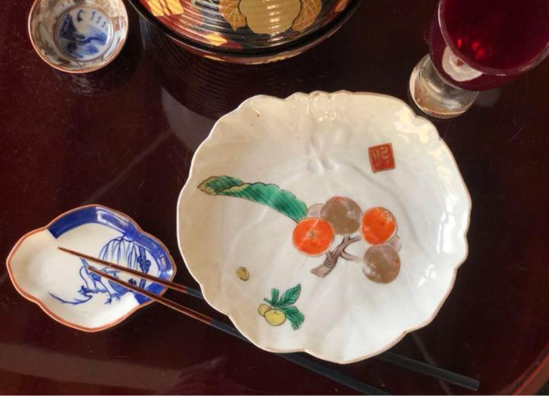 「母」古伊万里 枇杷図 変わり皿 5客 （806Ａ）