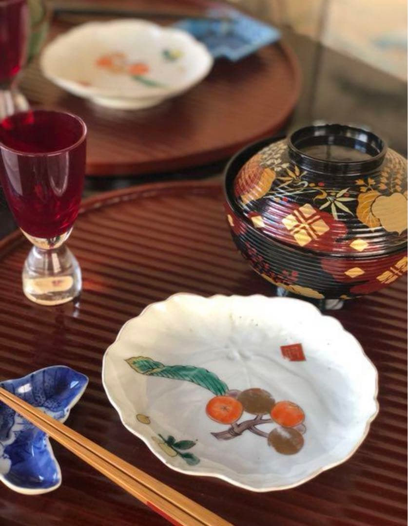 「母」古伊万里 枇杷図 変わり皿 5客 （806Ａ）