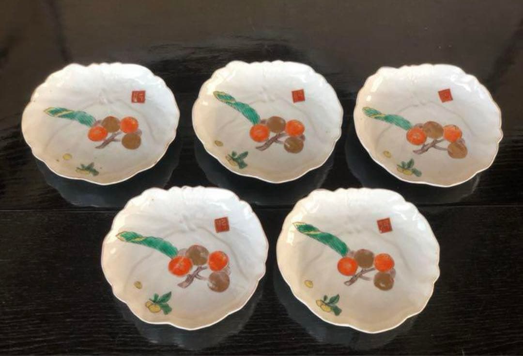 「母」古伊万里 枇杷図 変わり皿 5客 （806Ａ）