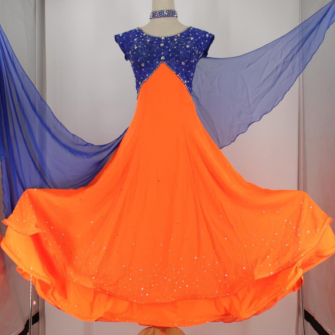 【社交ダンス衣装】オレンジ×豪華フロート ワンピース ドレス ブルー 青