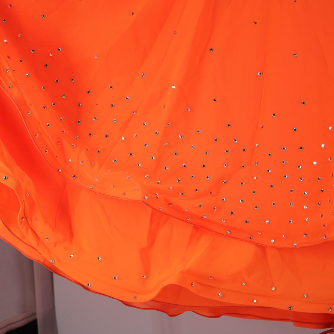 【社交ダンス衣装】オレンジ×豪華フロート ワンピース ドレス ブルー 青