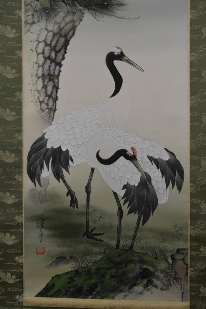 【真作】中島佳香/老松双鶴図/掛軸☆宝船☆Z-787