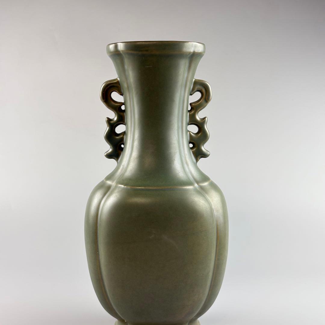 小原六合軒 家元秘蔵花器写し蕎麦釉龍耳花瓶 共箱 飾壺 陶瓷器 美術品