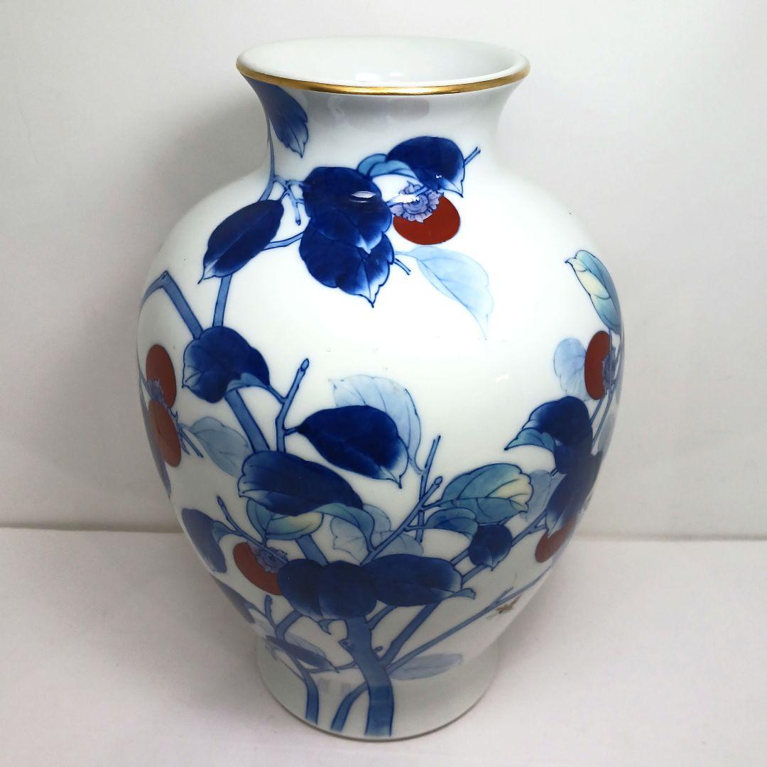 Y3122-8 深川製 染付色絵 柿図 花瓶 高さ28㎝　　ten