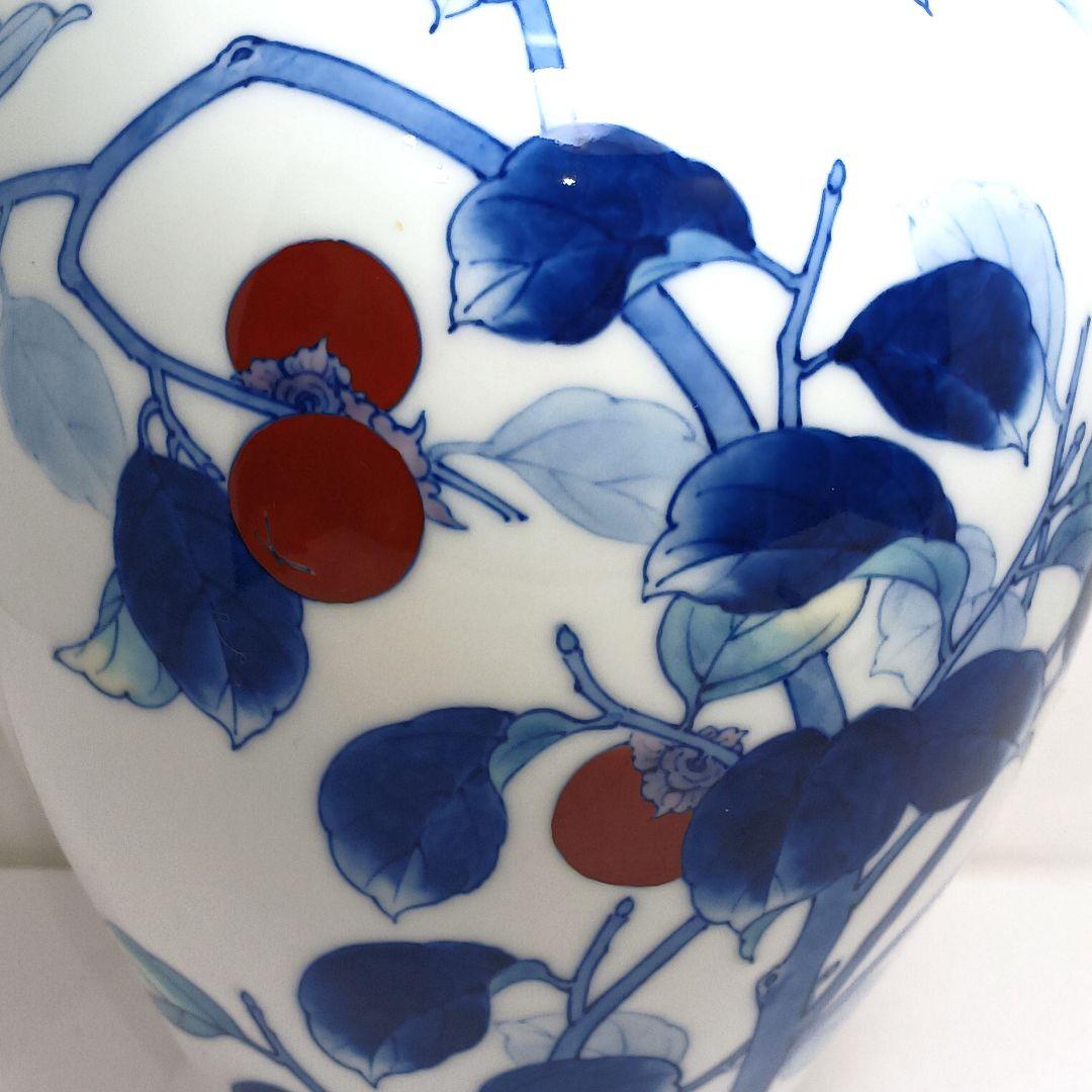 Y3122-8 深川製 染付色絵 柿図 花瓶 高さ28㎝　　ten