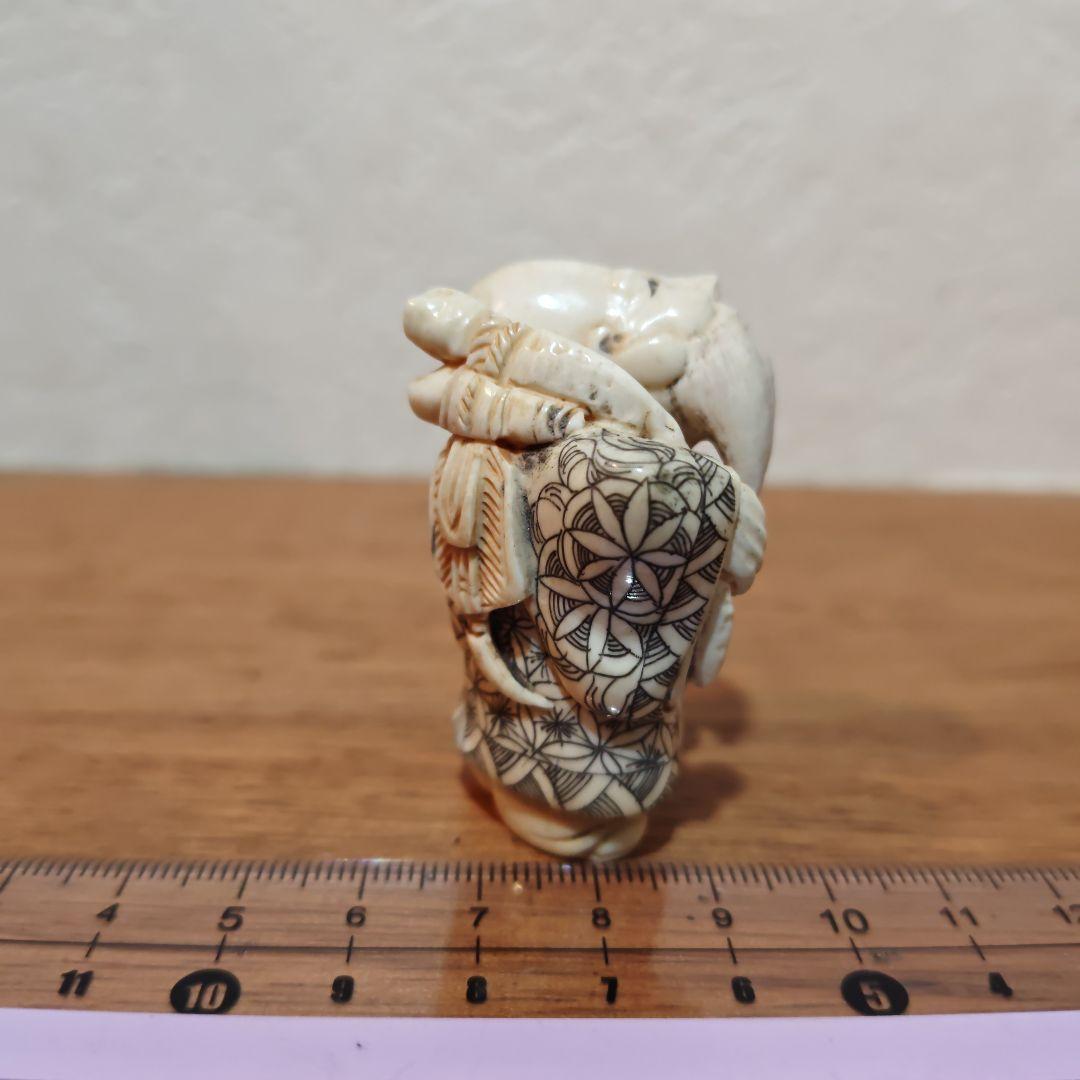 時代提物 七福神置根付 天然素材 在銘【福禄寿】高さ約5cm 重さ約37ｇ