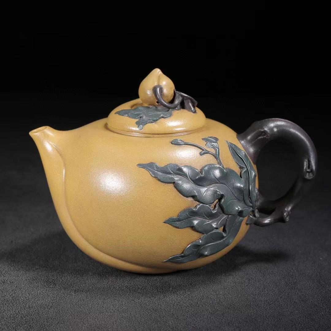 中国古美術・寿桃六点セット紫砂壺・底款:汪寅仙紋・宜興原鉱・金黄段泥急須・茶道具