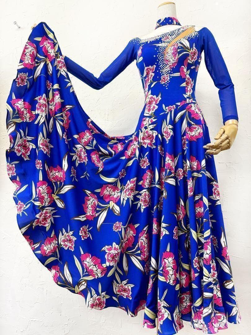 【Lサイズ】ロイヤルブルー　ラインストーン　ピンク花柄ワンピース　ドレスg014