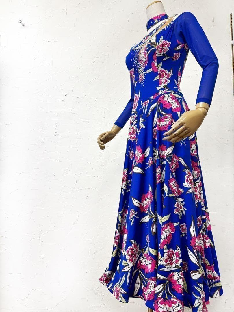 【Lサイズ】ロイヤルブルー　ラインストーン　ピンク花柄ワンピース　ドレスg014