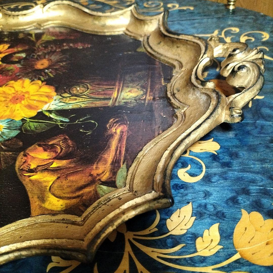 イタリア製　木製花の絵画 トレー　お盆　装飾的フレーム付き