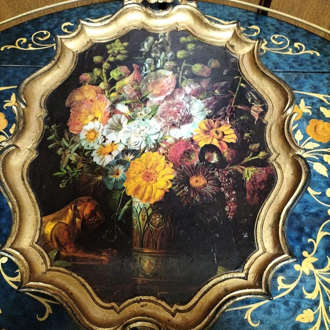 イタリア製　木製花の絵画 トレー　お盆　装飾的フレーム付き