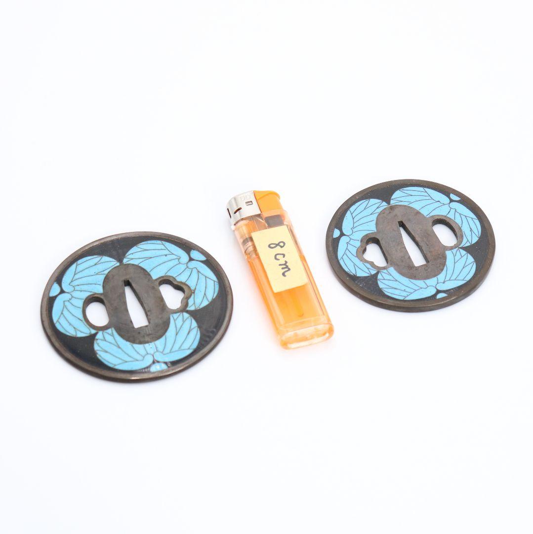 銅製七宝三つ葉葵文鐔　刀装具 一對 桐箱付　V107　1F28