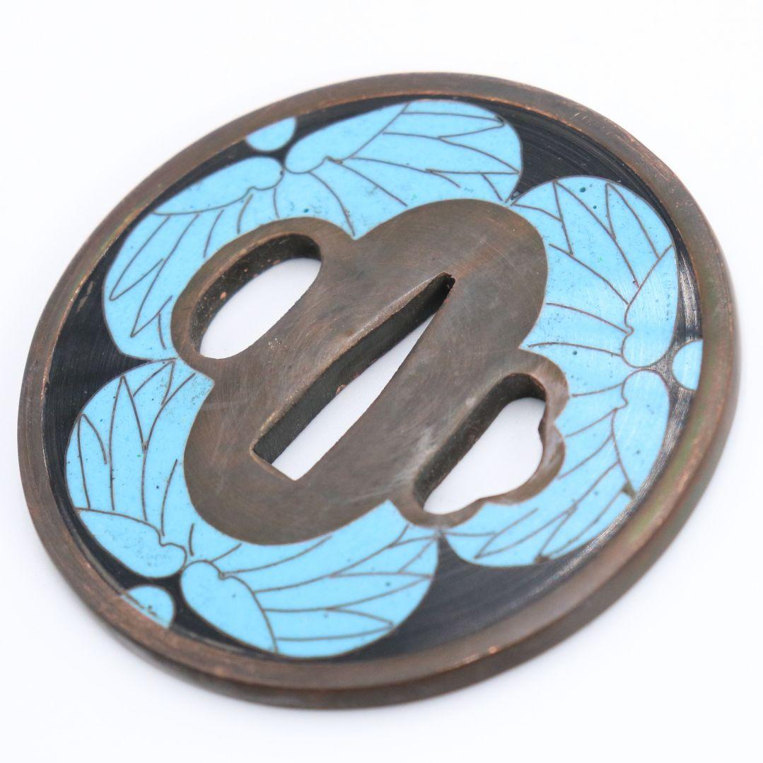 銅製七宝三つ葉葵文鐔　刀装具 一對 桐箱付　V107　1F28