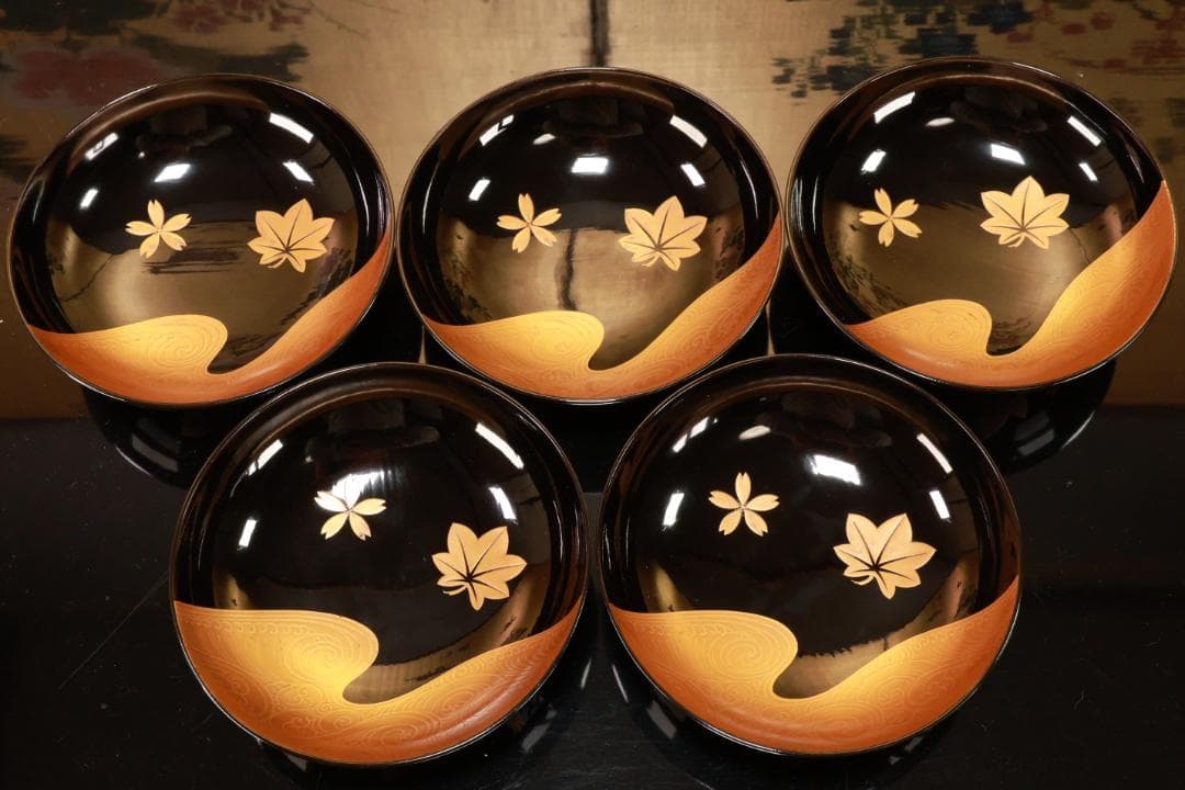 BJ110　時代輪島塗　流水紅葉桜図蒔絵　吸物椀　五客　木製　茶道具 懐石 会席