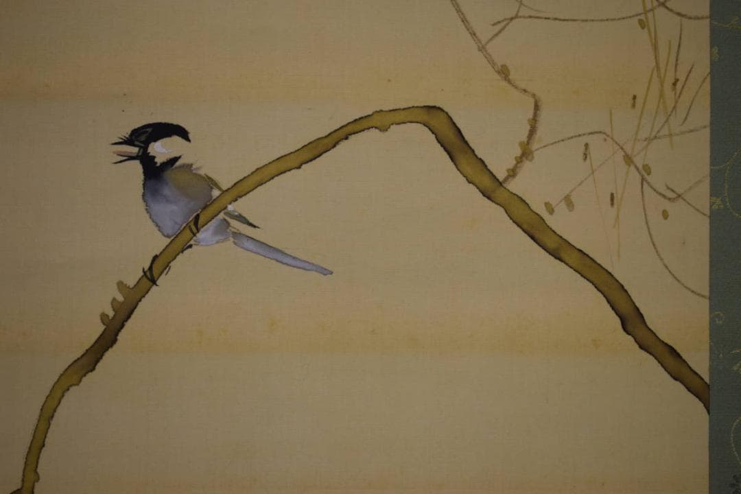 真作/東原方僊/晩秋紅葉に四十雀図/桐共箱二重箱付/布袋屋掛軸HG-884