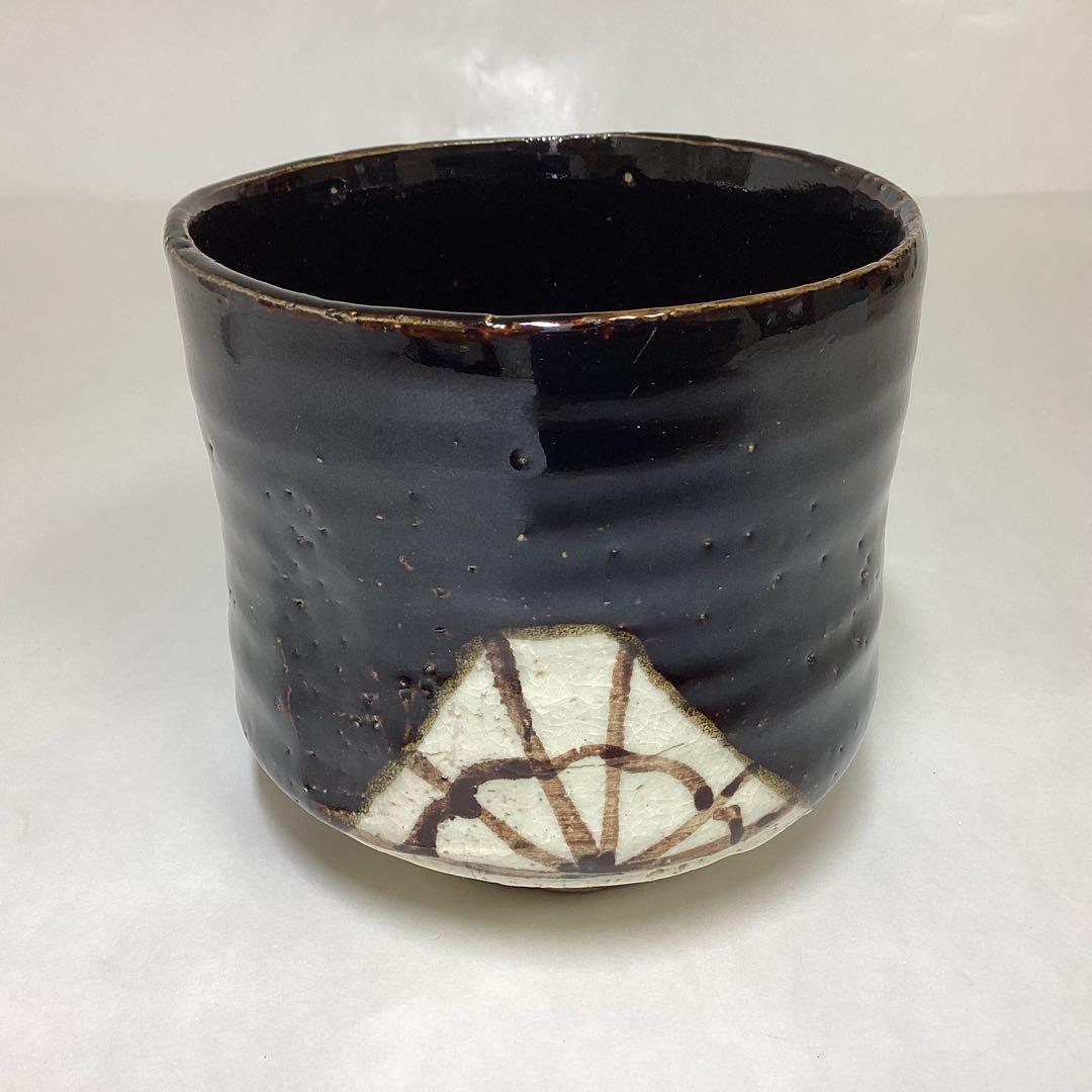 筒茶碗 黒 織部 紙箱入 茶道具 古物品