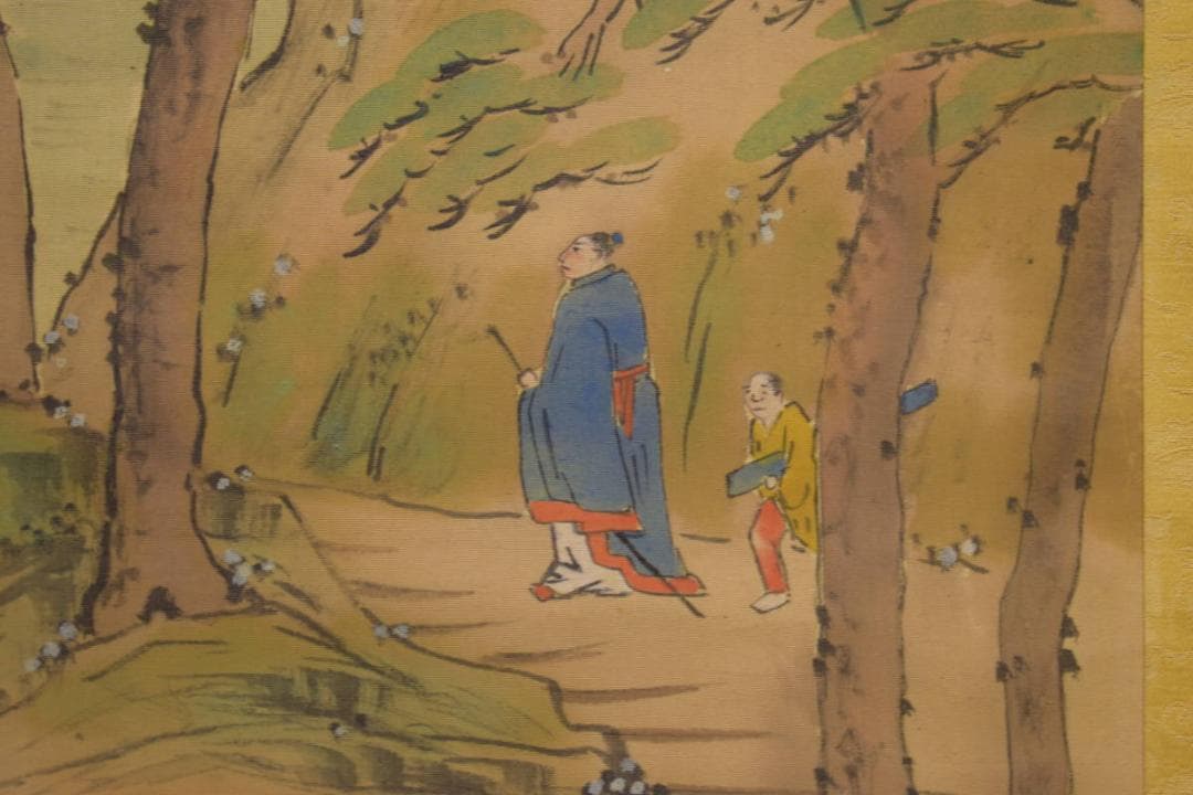 真作/琴石/山水人物図/高士人物図/松林人物図/布袋屋掛軸HI-864