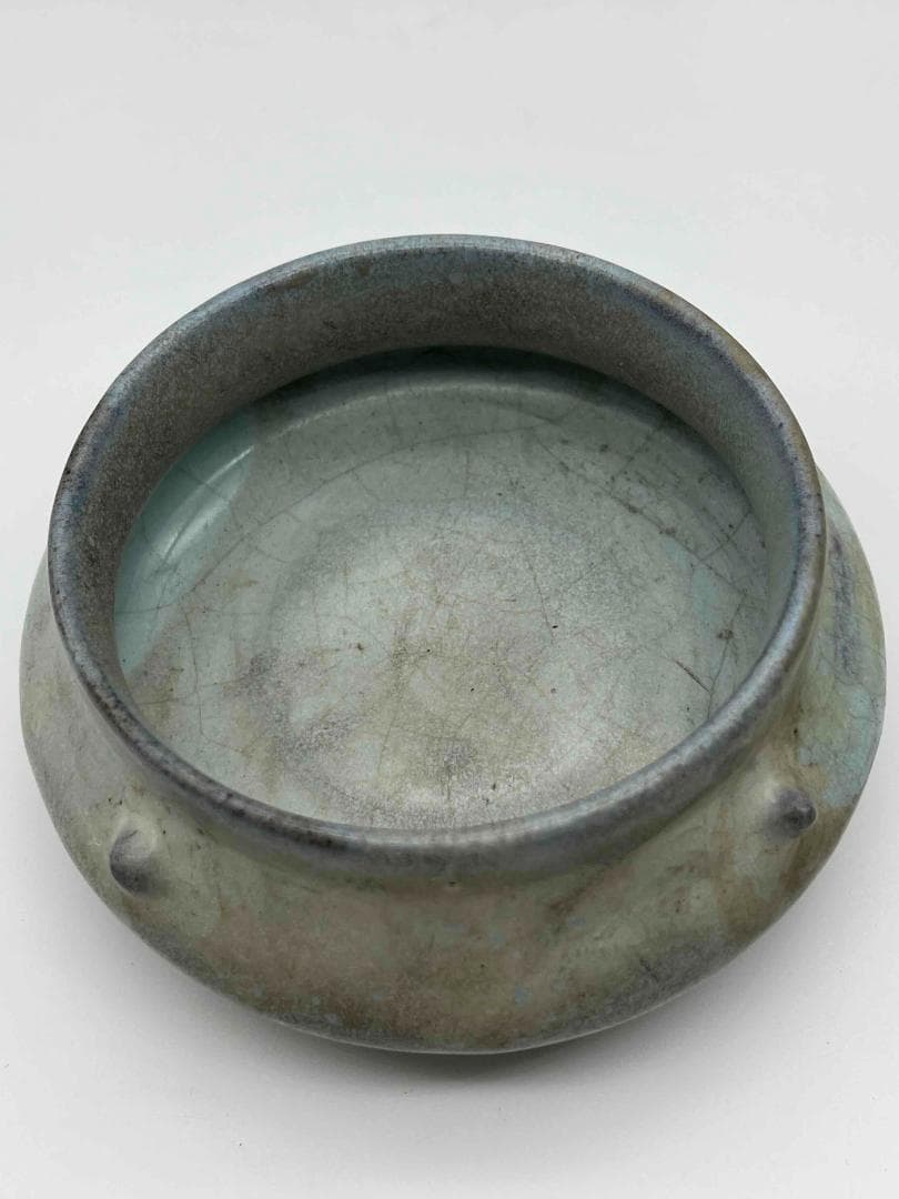 元時代　鈞窯　澱青月白釉鼓釘鈕羅漢洗 水丞 【旧家蔵出し】 香炉(D-98)